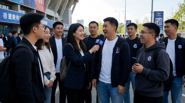 足球转会窗口期间球场外记者与球迷聚集的画面